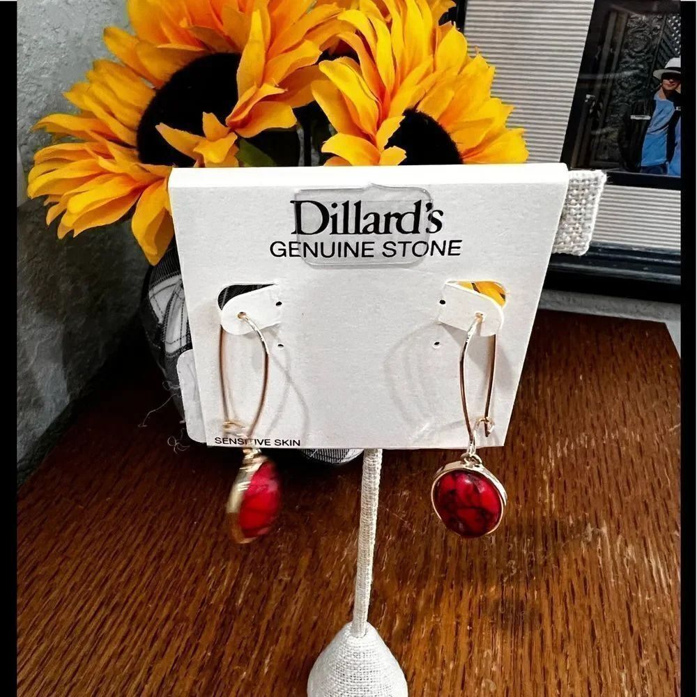 NWT Dillard’s Genuine Stone, Sensitive Skin Red & Gold Earrings  #DILL1